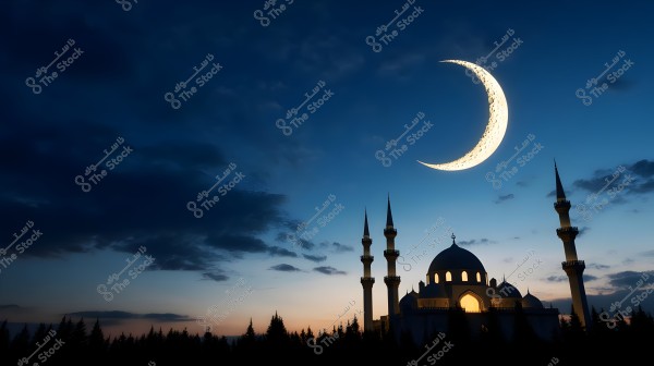 An image of a mosque with domes and minarets in the evening, featuring a large crescent moon in the sky. The mosque\'s domes and minarets are prominently silhouetted against the horizon, with parts of the mosque warmly illuminated. The sky is dark blue with light clouds and the horizon has an orange-yellow hue at sunset, creating a serene and beautiful scene.