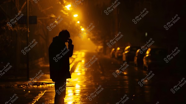 An image of a man standing on a street illuminated by yellow streetlights at night, with reflections of the light on the wet road. The man appears as a dark silhouette, holding his hand to his head. Cars are lined up on one side of the street and trees are visible on the other side.