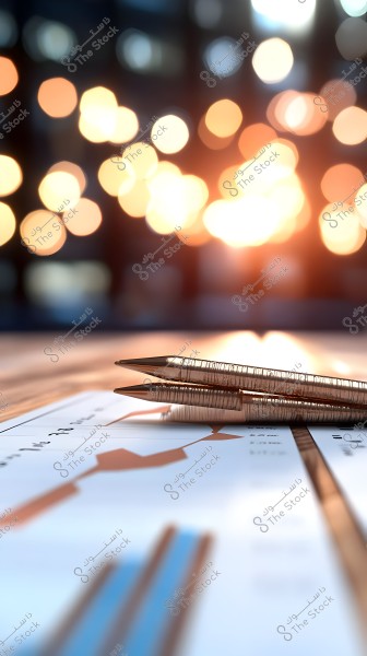 An image showing two golden pens placed on a set of economic charts printed on paper, with a background of blurred twinkling lights, creating a modern and elegant atmosphere.