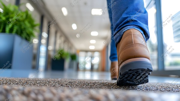 An image showing a person walking down a hallway in a modern building. The focus is on the sturdy sole of a brown shoe and blue jeans, surrounded by large green plants and bright light streaming through windows in the background.