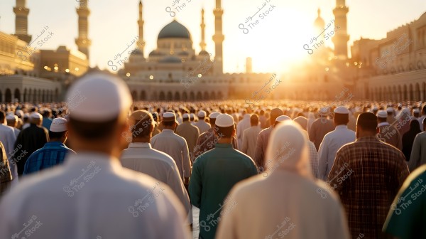 Image of a crowd of people in the courtyard of a large mosque at sunset. The mosque is in the background with traditional Islamic architecture, featuring domes and minarets. People are wearing a variety of clothing, including thobes, shirts, and white caps.