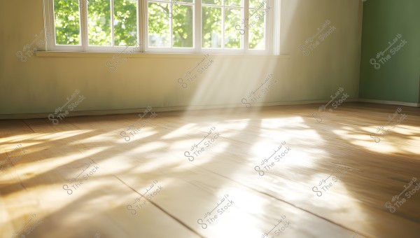 A bright room with sunlight streaming through a large window with white frames. The rays cast shadows of the trees outside onto the light wooden floor.
