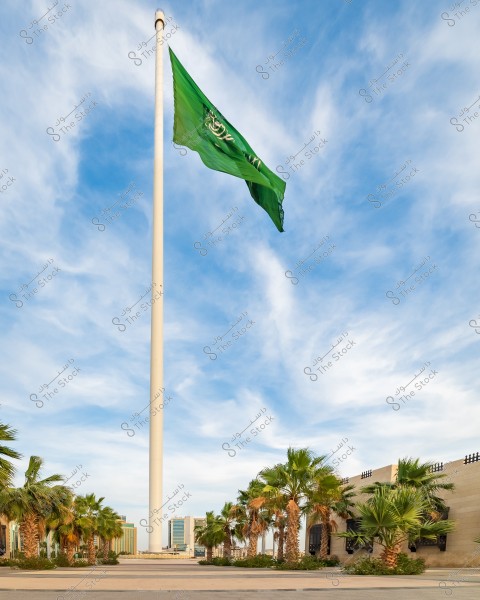 The image shows a tall flagpole with the Saudi Arabian flag at the top, which is green with the Shahada and a white sword. Below the flag, palm trees line both sides of the street, with buildings visible in the background. The sky is clear and blue with some scattered clouds.