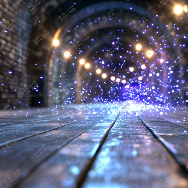 View of a wooden platform extending into a stone tunnel illuminated by scattered lamps. Small glowing blue particles are dispersed in the air, creating a magical and mysterious atmosphere.