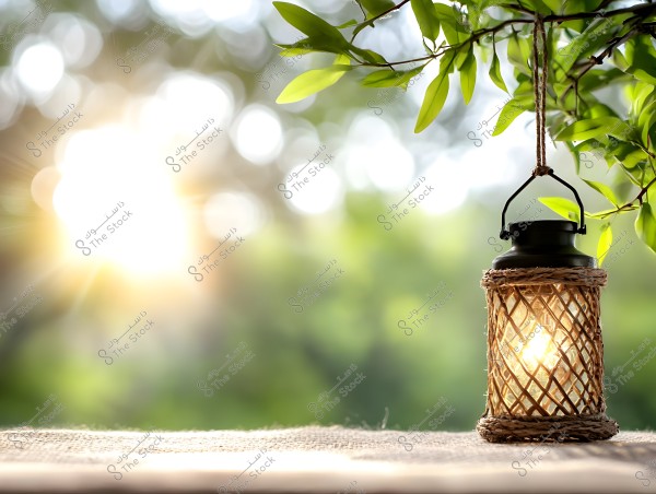 A lit lantern hanging on a tree branch filled with green leaves is shown in the foreground. The lantern is made of glass encased with woven strings. The background is blurred with bright sunlight shining through the trees.