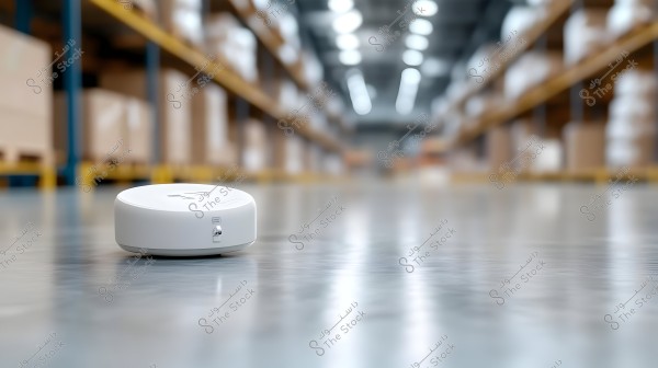 The image shows a small circular device placed on a shiny metal floor inside a warehouse. In the background, there are shelves filled with large boxes, with bright lighting coming from ceiling lights and reflecting on the floor.