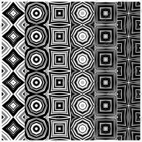 نمط هندسي أبيض وأسود بأشكال متكررة ومتنوعة مثل المثلثات والمربعات والدوائر.