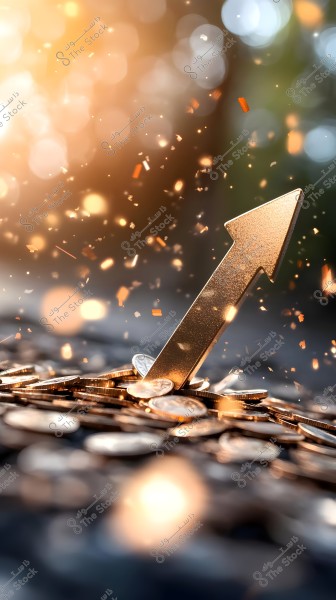 The image shows a golden arrow pointing upward amidst a pile of gold coins. The arrow is intertwined with the coins, while bright lighting and a blurred background featuring golden and orange hues with light effects convey a sense of movement and growth.