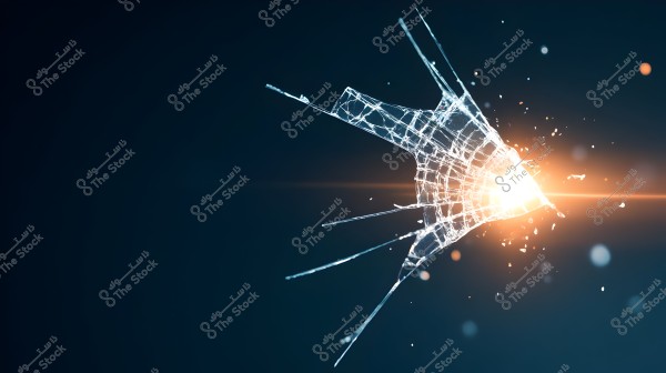 The image shows a piece of shattered glass in the center, with orange lights and a dark background. The cracks in the glass are clearly visible, with small glowing fragments spreading toward the background.