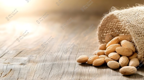 An image showing a burlap sack containing unshelled almonds spilled onto a wooden surface. The scene is illuminated with warm, soft lighting, creating a natural and tranquil atmosphere.