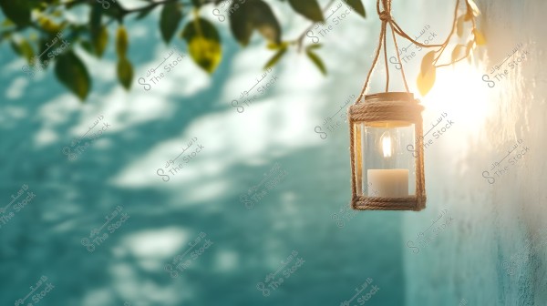 A lantern hanging by a rope from a tree branch, with a glowing candle inside. The background features a blue wall with patches of light and shadows of leaves. The image captures the effect of natural lighting on the wall.
