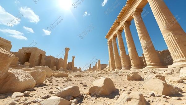 A view of ancient ruins featuring large stone columns in a desert setting under a clear blue sky with the sun shining brightly overhead.