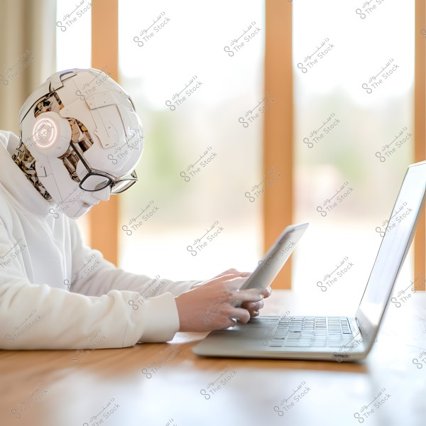 A humanoid robot with headphones and glasses sits at a wooden table with a laptop and a tablet. The background shows a window with natural light entering the room. The robot is wearing a white jacket resembling casual clothing.