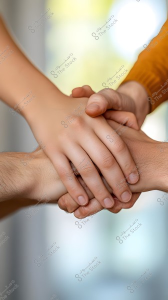 The image shows multiple hands clasped together, symbolizing cooperation and support. One hand is on top, holding two other hands. The background is blurred with soft gradient colors.
