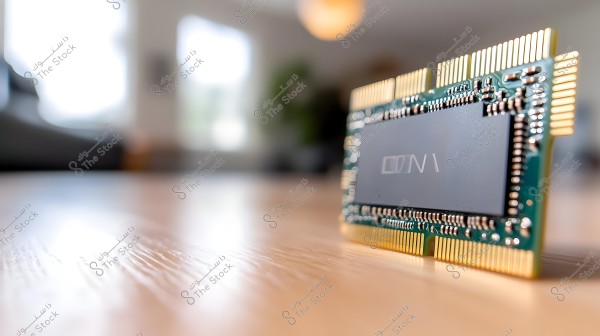 A close-up image of a digital memory chip (RAM) placed on a wooden surface. The background shows a room with blurred furniture due to the focus on the chip in the foreground. The chip design reveals details of electronic circuits and metallic connectors.