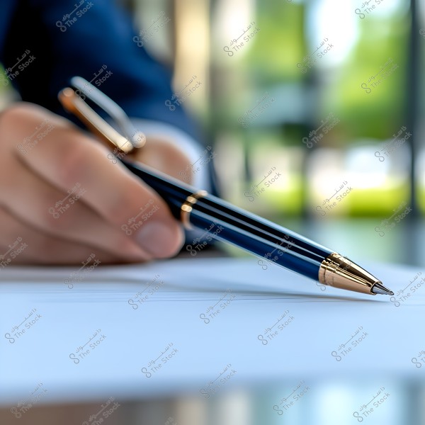 The image shows a person\'s hand wearing a dark suit, holding a blue and gold fountain pen, about to sign a paper. The background is blurred, with glass windows visible, suggesting the person is in an office or workplace setting.