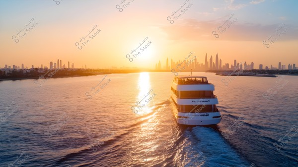A tourist boat sailing in the sea at sunset, with the towering skyline of Dubai in the background. The sky displays a warm orange color with the sun reflecting on the water\'s surface, creating a picturesque and captivating scene. The skyscraper buildings are distinctively visible on the horizon.
