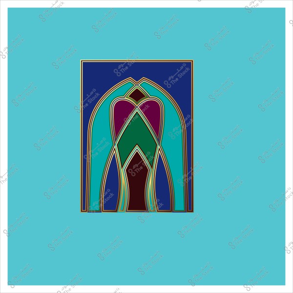Artistic design with geometric and ornate shapes in multiple colors, including blue, turquoise, green, and purple, on a turquoise background.