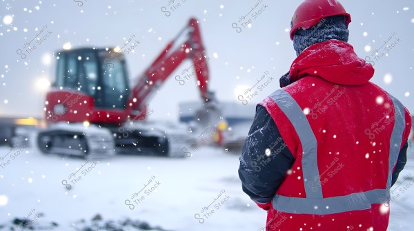 A worker wearing a red jacket with reflective stripes stands facing a red excavator operating in the snow. Snow is falling heavily around them, covering the ground and equipment. The worker is wearing a red helmet and a knit cap for warmth while working in the cold environment. The setting appears to be a construction site during winter.