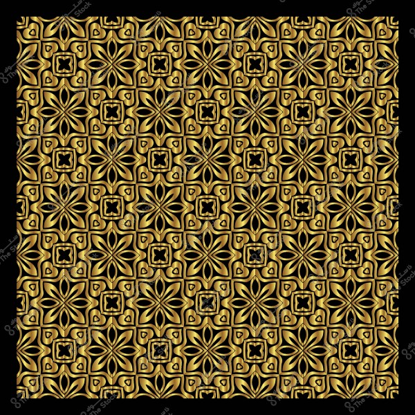 Repeating gold decorative pattern with geometric shapes on a black background.