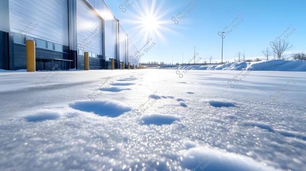 An outdoor scene of an industrial building or warehouse under bright sunlight. A layer of snow covers the ground in the foreground, with visible footprints. The sun shines brightly in the sky, causing sparkling reflections on the snow surface. Sparse trees, bare of leaves, are visible on the sides.