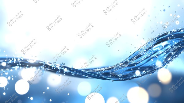 An image depicting a stream of water flowing smoothly with small droplets scattered in the air. The background consists of a blend of radiant white and blue lights, conveying a sense of purity and motion.