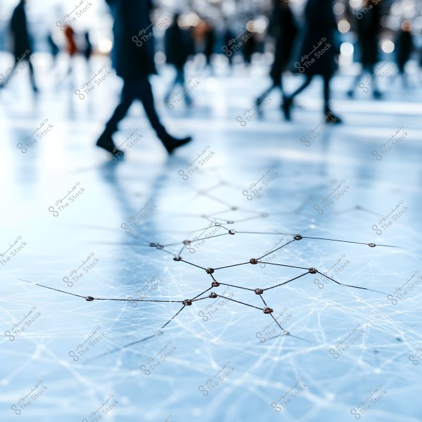 The image shows an icy surface with cracks and intricate patterns, while a group of people walks by in the background, with their feet clearly visible. The focus of the image is on the fine details of the ice.