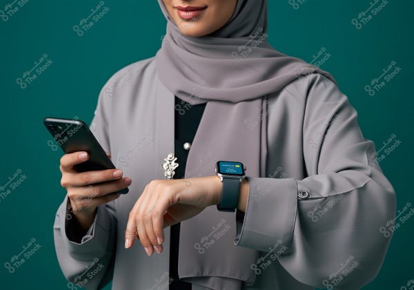 Image of a woman wearing a gray hijab and abaya, looking at a smartwatch and texting on her mobile phone. The background is dark green. The style of clothing suggests a Gulf region influence.