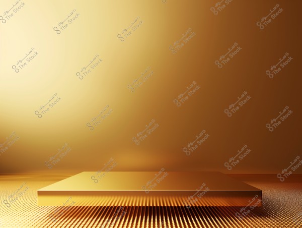A rectangular golden platform floating above a luminous golden surface that reflects light. The background features gradients of golden color, adding a luxurious and warm touch to the design.