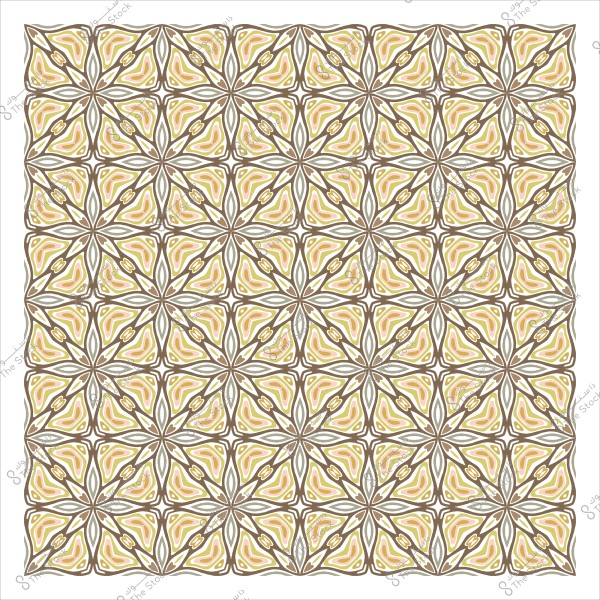 Geometric decorative pattern in beige, brown, and yellow, featuring circular floral shapes arranged symmetrically.