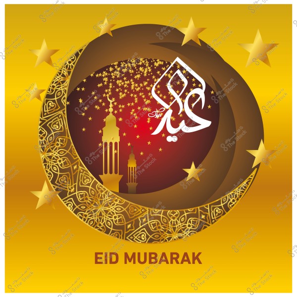 فن تصميمي لعبارة \"عيد مبارك\" بالعربية والإنجليزية, يحتوي على هلال ذهبي مزخرف ونجوم, مع صورة ظلية لمئذنة على خلفية حمراء.