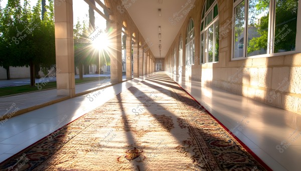 A long corridor lined with columns, featuring a carpet stretching along the floor. Sunlight streams in between the columns, casting long shadows on the carpet and adjacent walls. Windows on the right side reflect the outside light of trees and greenery.