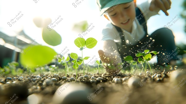 A child wearing a cap observes small plants sprouting from the soil. Sunlight is shining brightly in the background, and a hand is playing with the soil in a lively scene highlighting the growth of the small plants.