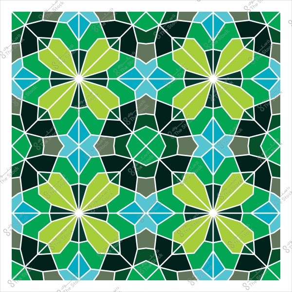 صورة لنمط زخرفي إسلامي متماثل, يحتوي على أشكال هندسية متداخلة بألوان خضراء وزرقاء. التصميم يعكس تكرار الأشكال بشكل متناغم ومتوازن, يظهر فن العمارة والزخرفة الإسلامية التقليدية.

-