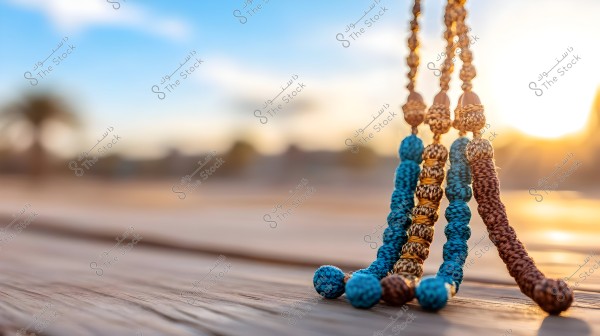 A collection of prayer beads featuring brown and blue threads, placed on a wooden surface. The background shows a sunset with blurred palm trees, creating a serene and contemplative atmosphere.