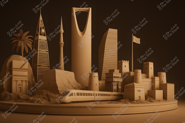 A 3D representation of prominent architectural elements in Saudi Arabia. It features the Kingdom Tower and other modern buildings alongside traditional forts and minarets. A sleek modern train passes through the scene, surrounded by a desert landscape and small mountains, with a palm tree on the left side.