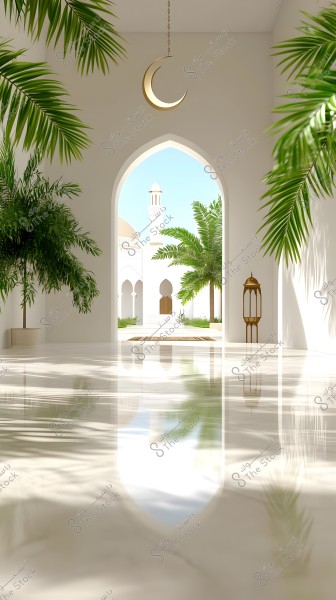 An interior view of a spacious corridor with open arches and Islamic decor, featuring a mosque with a white dome and minaret in the background. A large golden crescent hangs from the ceiling, surrounded by green palm trees and traditional lanterns. The glossy floor reflects the light and greenery, enhancing the spirituality and tranquility of the scene.