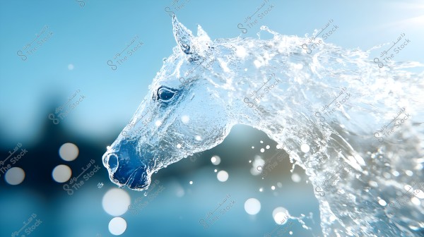 Artistic depiction of a horse made entirely of flowing water, with intricate details and water droplets scattered around it. The clear blue sky serves as the background, enhancing the horse\'s transparent and pure effect.