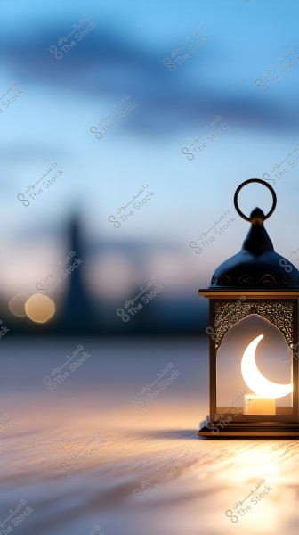 A lantern lit by a candle inside is shown in the foreground. The lantern design features a crescent moon. The background is out of focus, showing blurred lights and an open horizon at sunset, giving a calm and serene feeling.