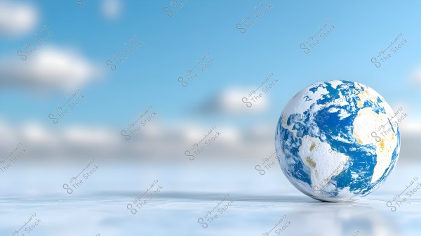 Image of a smooth surface in a pale blue color with a globe model appearing in the foreground on the right. The globe model clearly shows the continents with blue and sponged colors. The sky in the background is blue and clear with some scattered white clouds.