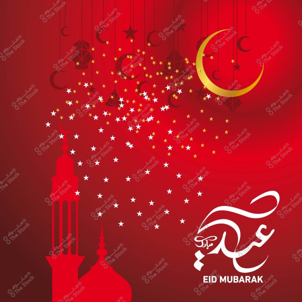 Eid greeting card design featuring a golden crescent moon and stars on a red background, with \"Eid Mubarak\" written in Arabic and English, and a mosque silhouette.