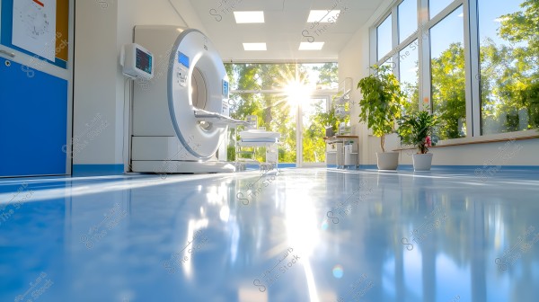 A photo of a modern medical room featuring a CT scanner placed next to a large glass wall. Sunlight streams through the windows, casting a warm glow on the gleaming blue floor. There are some plants in white pots arranged near the window, adding a touch of liveliness to the clean medical setting.