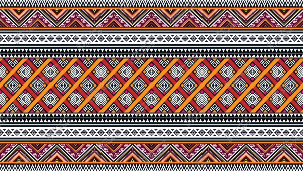 A colorful traditional pattern featuring repeating lines and intricate geometric shapes in orange, red, purple, black, and white. The design highlights interlocking triangular and square shapes, showcasing elaborate details that suggest traditional Arab cultural heritage, possibly from Saudi Arabia.