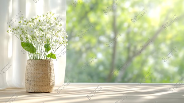 A beige woven vase containing small white flowers sits on a table next to a window. The background shows a view of a sunny garden with green trees outside the window.