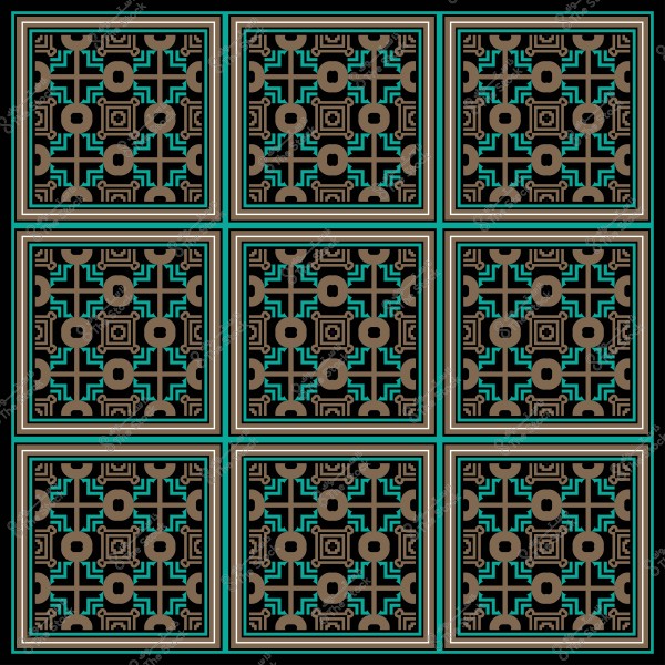 نمط هندسي مزخرف يتكون من تسعة مربعات, يستخدم ألواناً بنية وزرقاء وخطوط متقاطعة مكررة.