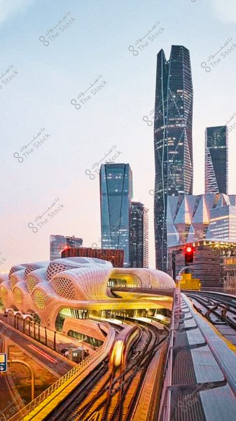 View of a modern urban skyline in Riyadh, Saudi Arabia. The image shows a collection of skyscrapers and uniquely designed buildings. In the foreground, there is a building with curving, wave-like facades and a railway track beside it with a moving train, reflecting a contemporary and sophisticated scene.