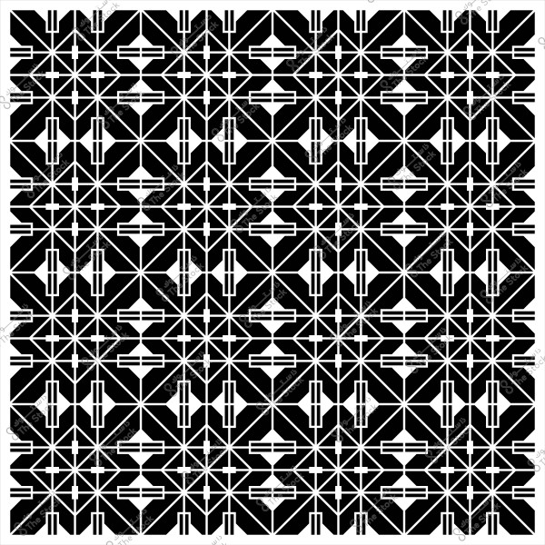 تصميم هندسي بالأبيض والأسود يحتوي على أنماط مربعة مزخرفة بترتيب متكرر.