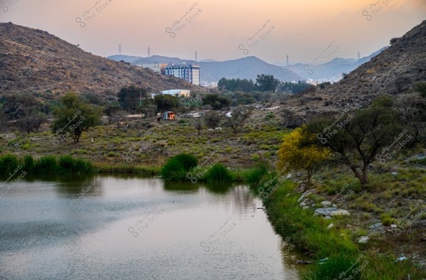 The beautiful view of Wadi Saab Dam during sunset. The Dam is Located near to Taif City, Saudi Arabia