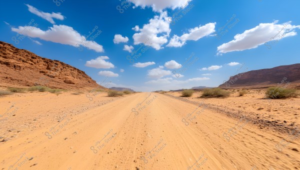 ** An image of a desert scene with a sandy road extending between rocky plateaus. The sky is blue with scattered white clouds. Desert shrubs grow along the sides of the road.\r\n\r\n**