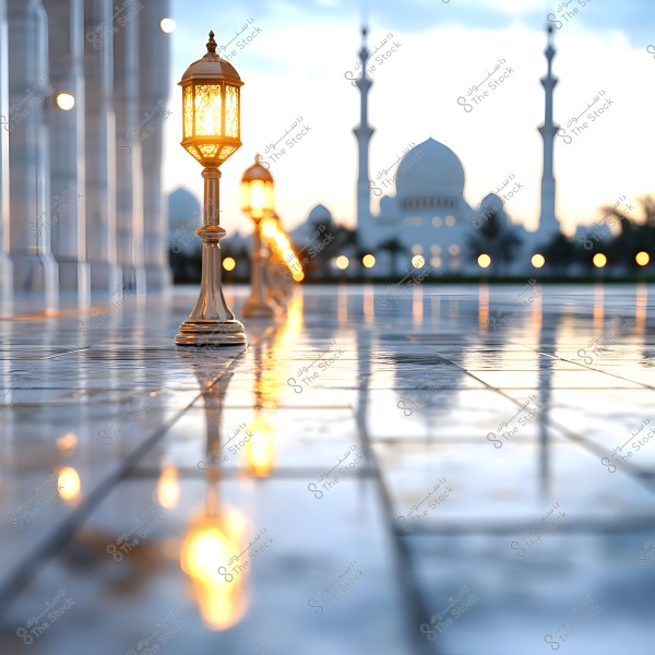 The image depicts the courtyard of a mosque with golden lamps illuminating the area. The dome and walls of the mosque are visible in the background. The scene captures the beautiful Islamic architecture at sunset, with lights glistening on the shiny tiled floor.